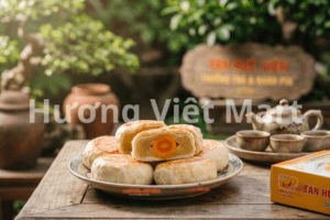 Phần nhân đậu xanh tạo vị bùi, ngọt vừa phải, kết hợp với sầu riêng tạo nên mùi thơm đặc trưng. Lớp vỏ bánh mỏng, mềm và có nhiều lớp.