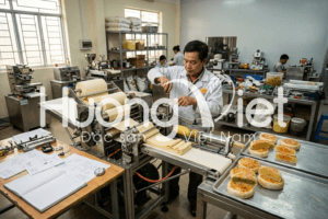 Xưởng sản xuất bánh pía Tân Huê Viên với công nhân vận hành máy cán bột. Tạo hình bánh và kiểm tra các mẻ bánh pía trong quy trình sản xuất.