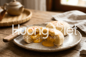 Bánh pía trứng chảy Tân Huê Viên mang nét độc đáo với dòng kim sa này.